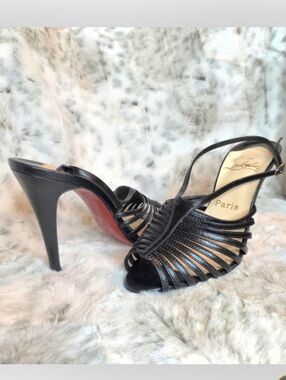 Christian Louboutin Black Leather Strappy Caged Sling Back Heels EU 38 / US 8
